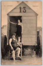 Antique Postcard - Bathers posing for photo with bathing machines Ostend Belgium picture