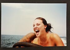FOUND VINTAGE PHOTO PICTURE Woman On A Boat With Mouth Open Laughing picture