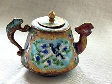 Vintage Asian Cloisonné Enamel Brass Miniature Teapot Lidded Blue Bird Dragon picture