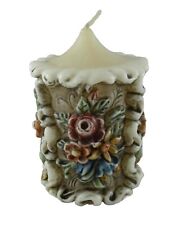 Vtg German? Sculpted Carved Painted Candle Embossed Raised Flowers Cottagecore  picture