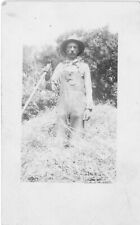 1920s RPPC Man Overalls Working Field Hat Mustache Found Photo Vintage picture