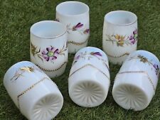 Heisey Beaded Swag 6 Set MILK GKASS Cups w/ Painted Daisy, Leaves, & Gold Rim picture