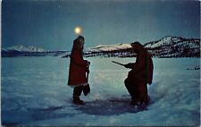 Fishing Artic North Country Ice Moonlight Natives Postcard UNP VTG Plastichrome picture
