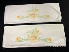 Pair of Vintage Floral Embroidered Pillowcases w/ Crocheted Edges picture
