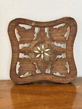 Vintage Wooden Trivet Hand Carved Made In India Leaves Footed Boho picture