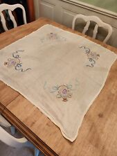 Delicate Vintage pale yellow linen with embroidered floral bouquets 32x32  picture
