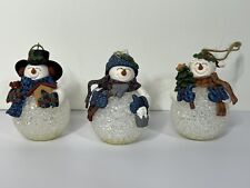 Color Changing Set of 3 Plastic Popcorn Snowmen Ceramic Face Christmas Ornaments picture