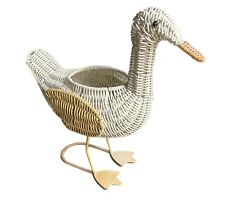 Figural Duck Planter Bird Basket White Wicker Patio Garden Decor Vintage picture