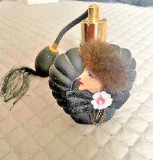 Vintage Black Satin Perfume Bottle w/ Porcelain Lady Face Fur Hat Jewelry picture