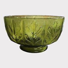 Vintage Heavy Green Glass Bowl With Leaf Design Depression Glass picture