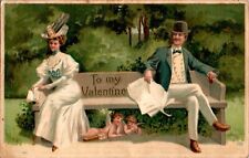 To My Valentine, Cupid, Courting Couple Embossed Postcard picture