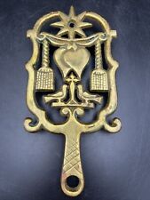 VINTAGE UNBRANDED SQAURE TRIVET CAST IRON BRASS HEAVY WALL DECOR BURDS HEARTS picture