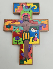 Vintage Colorful Hand Painted Ornate Wooden Cross El Salvador Crucifix La Palma picture