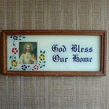 God Bless Our Home Sign Foil Art Glass Framed Religious Jesus with Sacred Heart picture