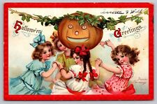 Postcard Halloween Greetings Girls Dancing Around Jack-O-Lantern Brundage picture