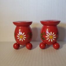 Vintage Handpainted Daisy Red Wooden Sweden Footed Candleholders Set Of 2  picture
