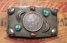 Vintage Sterling Silver Turquoise Coral Morgan Dollar 1879 Belt Buckle picture