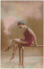 Rare French hand tinted real photo postcard bathing beauty risque 1920 RPPC #922 picture