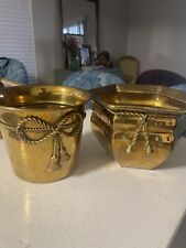 Two Vintage Hammered Polished Brass Planter with Rope Detail -Mid-Century Modern picture