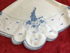 Vintage Embroidered Tea Cloth Tablecloth Embroidered Round Scallop Edge Crochet picture