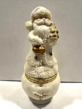 Vintage Hinged Santa Clause Trinket Box 6” White Ceramic Mica Glitter Christmas picture