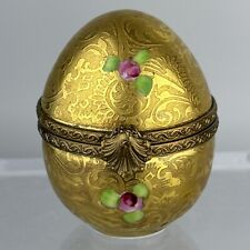 Limoges JD Dumont Peint Main France Egg Gilted Gold Flowers Trinket Box 2” picture