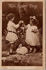 Hail Easter Day Children Egg and Bunny Rabbit 1915 Postcard V1 picture