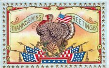 THANKSGIVING - Turkey And Flags Patriotic Thanksgiving Greetings Postcard picture