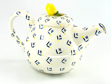 Vintage Handcrafted Ceramic Teapot Tea Pot w/ Lid Lemon Geometric Yellow White picture