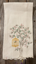Vintage Linen Embroidered Bird in Cage in Tree Guest Fingertip Towel 20X14 picture
