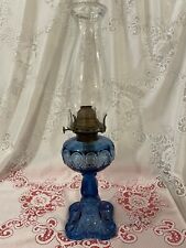 Antique Blue Thumbprint Drape Glass Oil Kerosene Lamp #2 Queen Anne Burner Wick picture