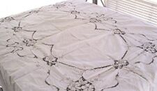 VTG OFF WHITE OVAL TABLECLOTH TAUPE EMBROIDERED CUTWORK ROSES 63