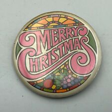Merry Christmas Hallmark Button Badge Pinback FAUX Stained Glass Retro Vtg picture