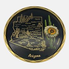 Vintage Arizona Souvenir Metal Tray State Map Flower Saguaro Black Gold 11