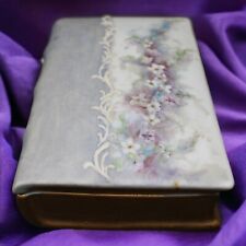 Vintage Porcelain Handpainted Purple Pansies Floral Book Trinket Card Box  picture