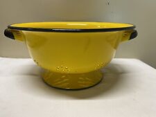 Vtg HUTA SILESIA Yellow Footed Enamelware w Black Rim Double Handled Colander  picture