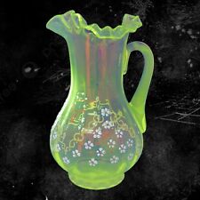 Antique Victorian Clear Pitcher Carafe Raised Flowers Manganese 365nm UV Glow picture