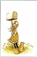 Postcard - Girl with Cat standing at the mailbox Art Print picture