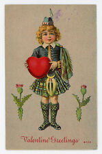 Valentine Scottish Boy in Kilt & Big Red Heart Antique Postcard picture