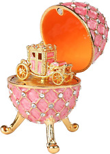 Vintage Pink Faberge Egg Style Enameled Trinket Box Hinged Mini Royal Carriage picture