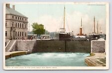 c1920s~Soo Locks~Sailboats~Ships Dock~Sault Ste Marie Michigan~Antique Postcard picture