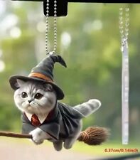 2D Acrylic Magic Flying Witch Cat Hanging Ornament Pendant Halloween Goth Auto picture