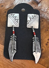 PAIR NAVAJO NATIVE AMERICAN STERLING SILVER POST BACK SILVER FEATHER EARRINGS picture
