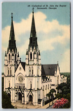 Cathedral St John The Baptist 1950 Savannah Georgia GA CURT TEICH Linen Postcard picture