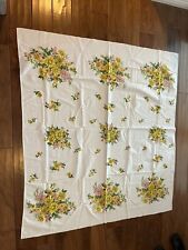 Vintage MCM Tablecloth Kitchen Floral Pink Yellow Theme 45x48in picture