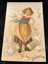 1908 Valentines Day Embossed Artist Postcard Pretty Girl With Pidgeons picture
