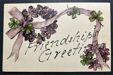 Glitter Postcard Friendship Greetings Purple Flowers Ribbons 1910's picture