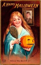 Vintage 1909 Ellen Clapsaddle Girl, Boy and JOL Antique  Halloween Postcard picture