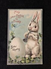 c1910's Easter Greeting Egg Bunny Trumpet Embossed Antique Postcard Unposted picture