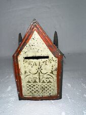 Antique Early American Stenciled Tin House Gothic Toy Penny Bank 1880s 3” WEALTH picture